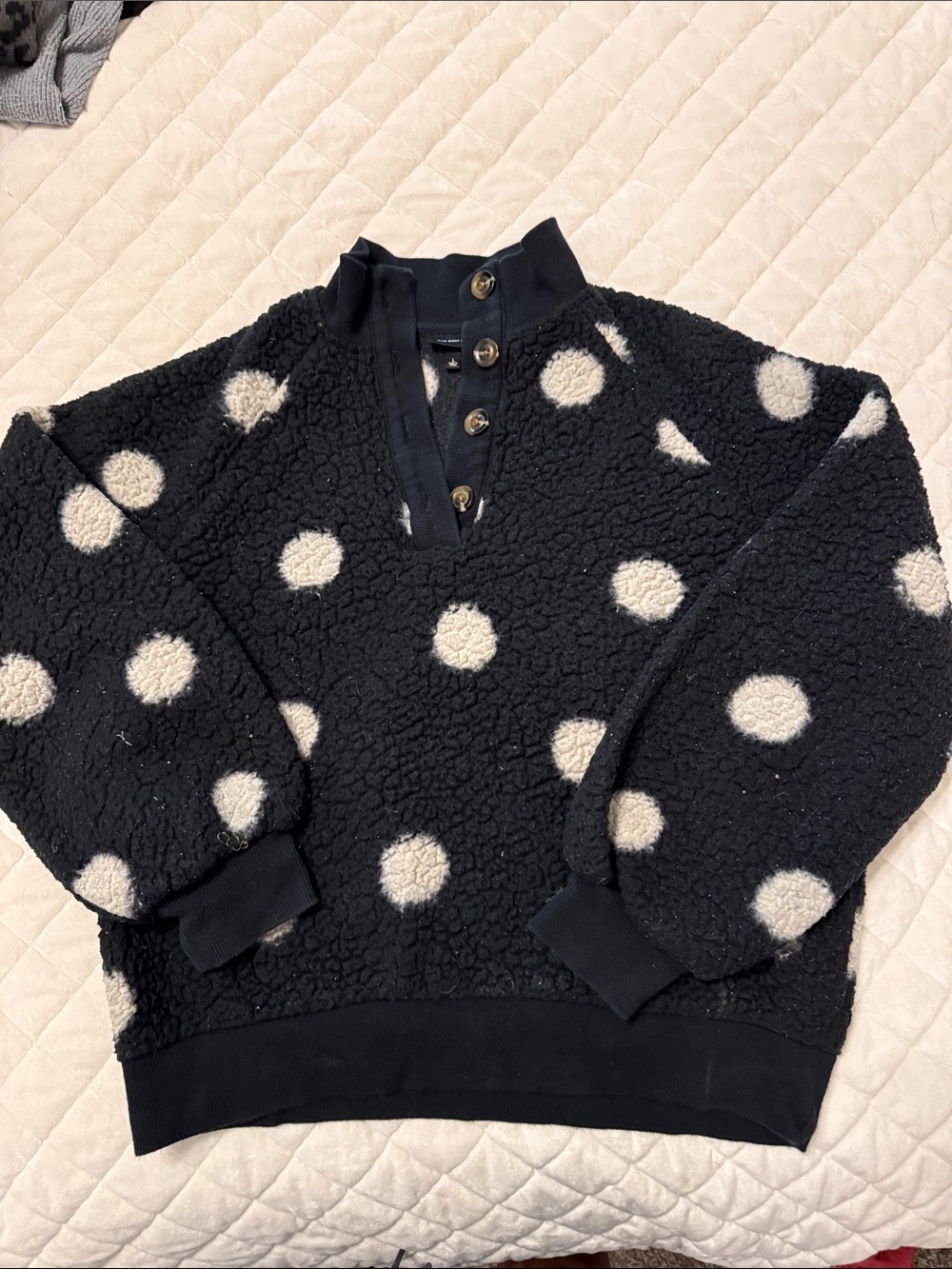 Women’s Black Sherpa Pullover Sweater with Cream Polka Dots